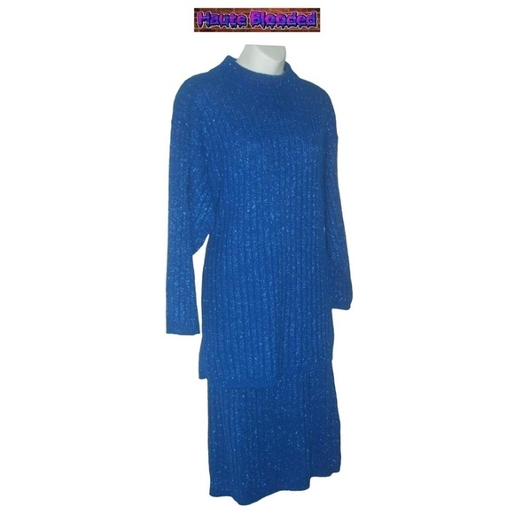 Vintage 80's Mathias Sweater Skirt Set Blue Ribbed Metallic Parisian Chic Glam - Picture 3 of 12
